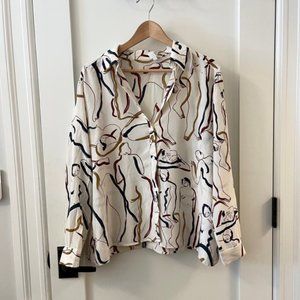 Ivory Silk Blouse with Outlines of Bodies/Figures, Size Large